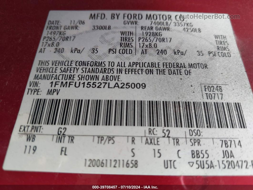 2007 Ford Expedition Xlt Бордовый vin: 1FMFU15527LA25009