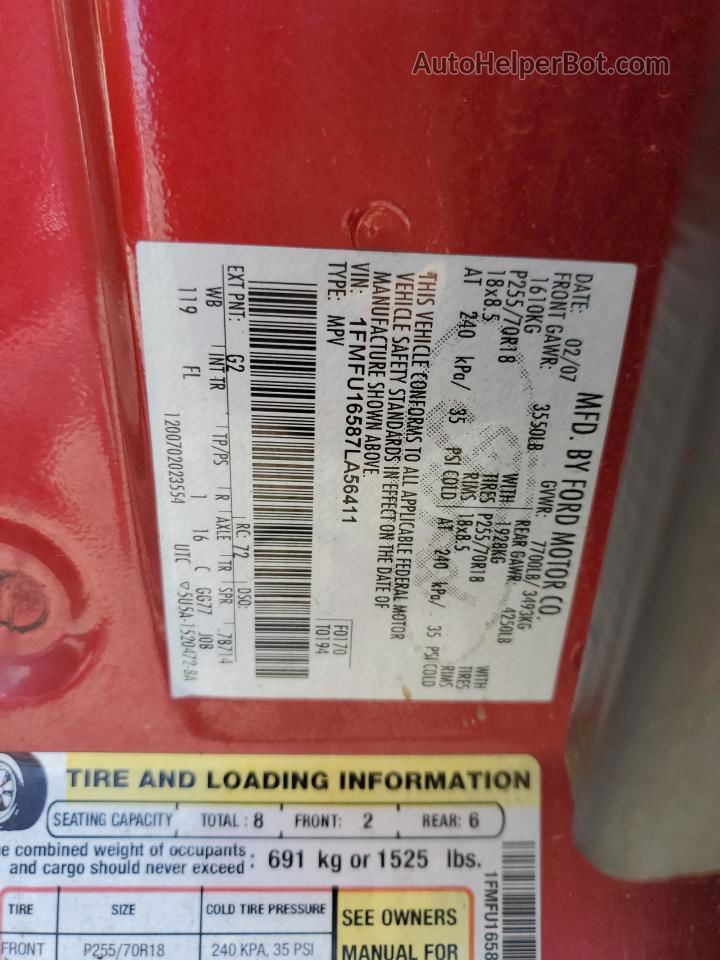 2007 Ford Expedition Xlt Red vin: 1FMFU16587LA56411