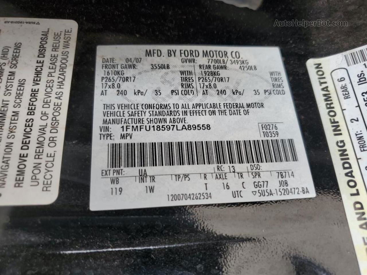 2007 Ford Expedition Eddie Bauer Black vin: 1FMFU18597LA89558