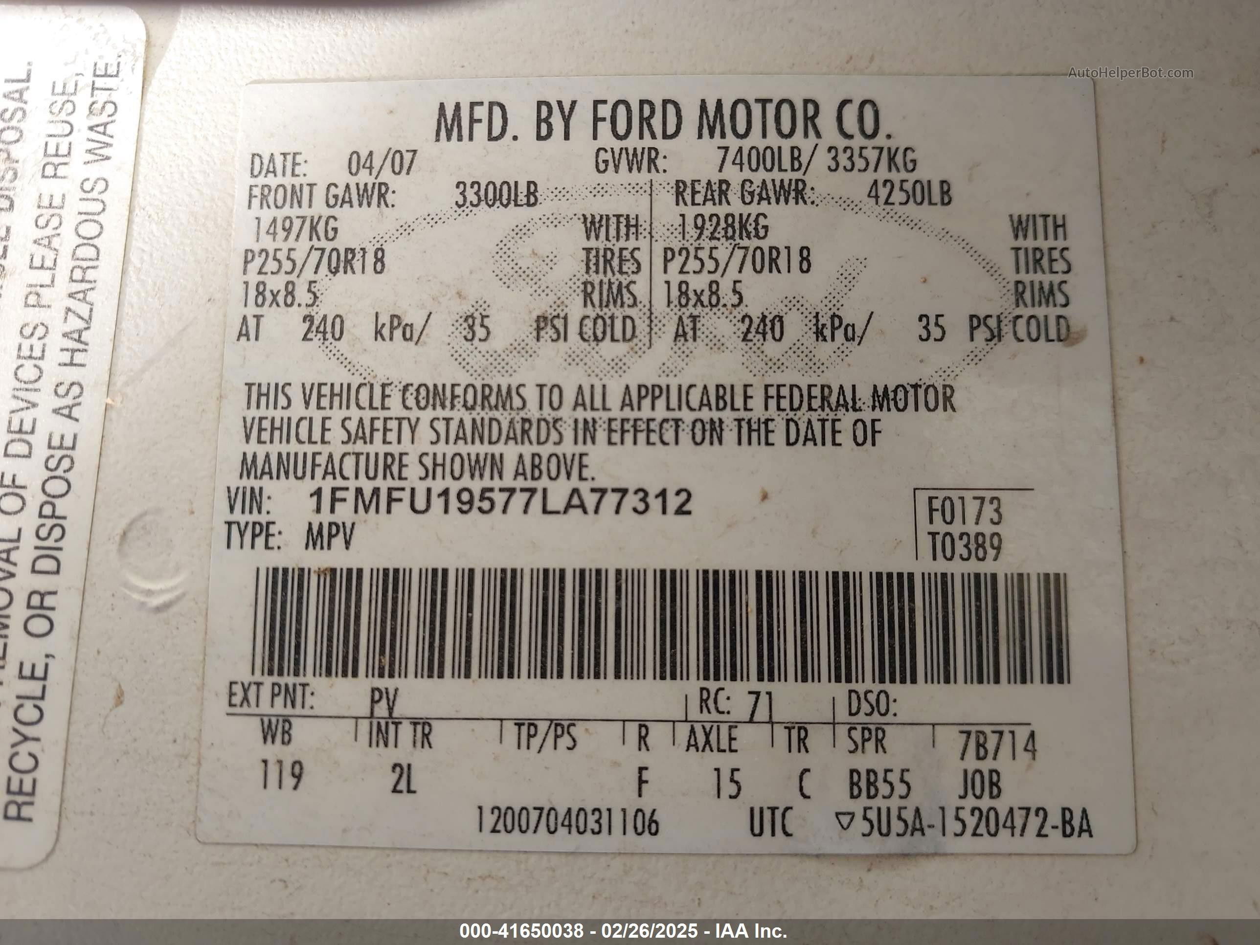 2007 Ford Expedition Limited White vin: 1FMFU19577LA77312