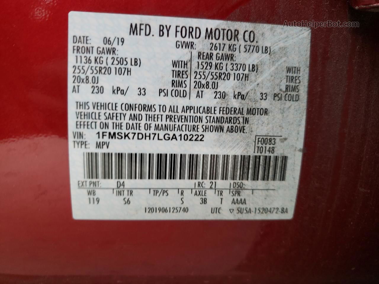 2020 Ford Explorer Xlt Red vin: 1FMSK7DH7LGA10222