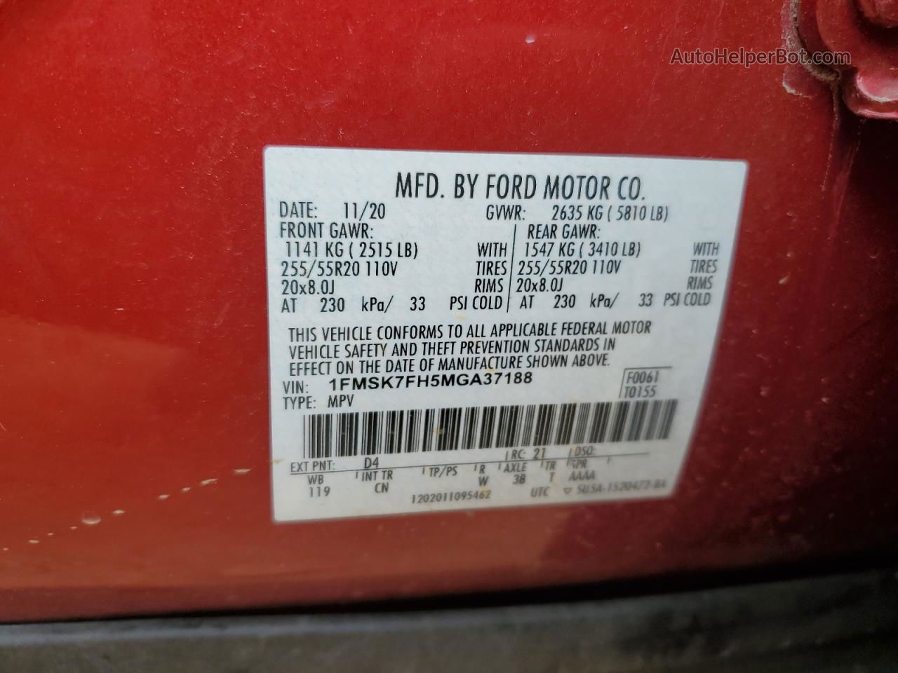 2021 Ford Explorer Limited Красный vin: 1FMSK7FH5MGA37188