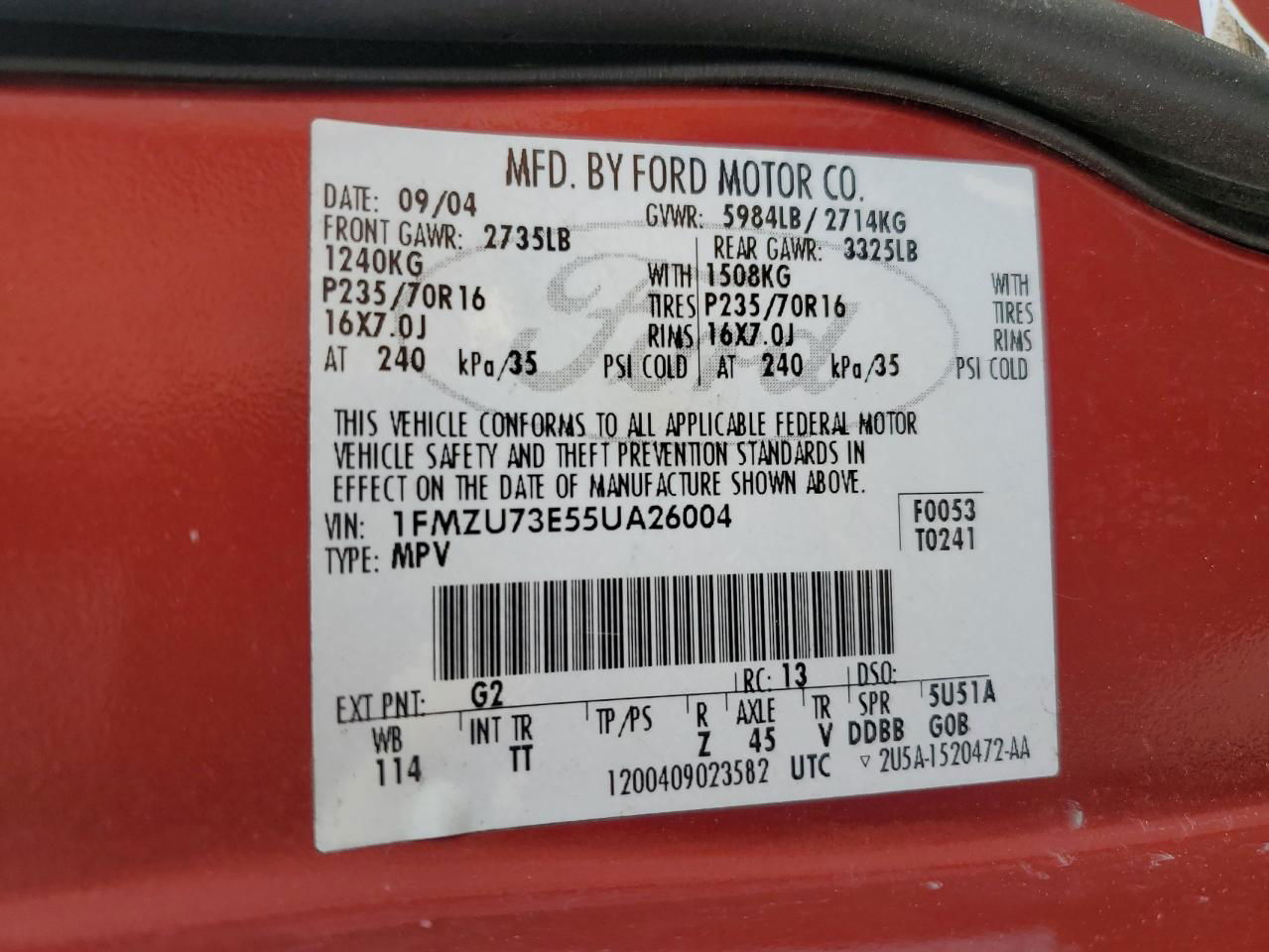 2005 Ford Explorer Xlt Red vin: 1FMZU73E55UA26004