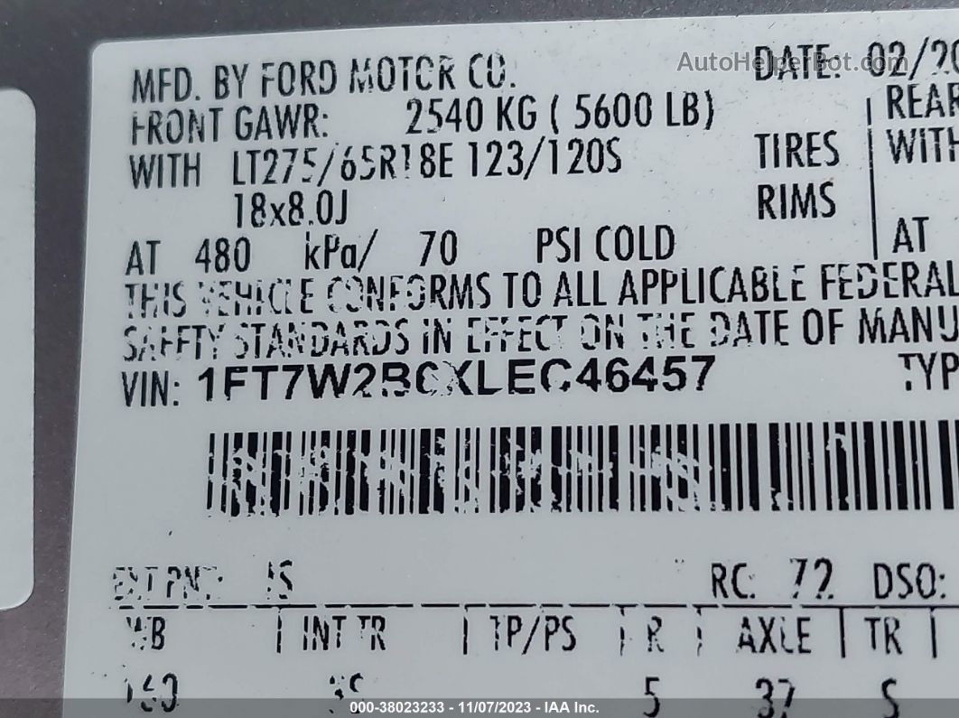 2020 Ford F-250 Xlt Silver vin: 1FT7W2B6XLEC46457