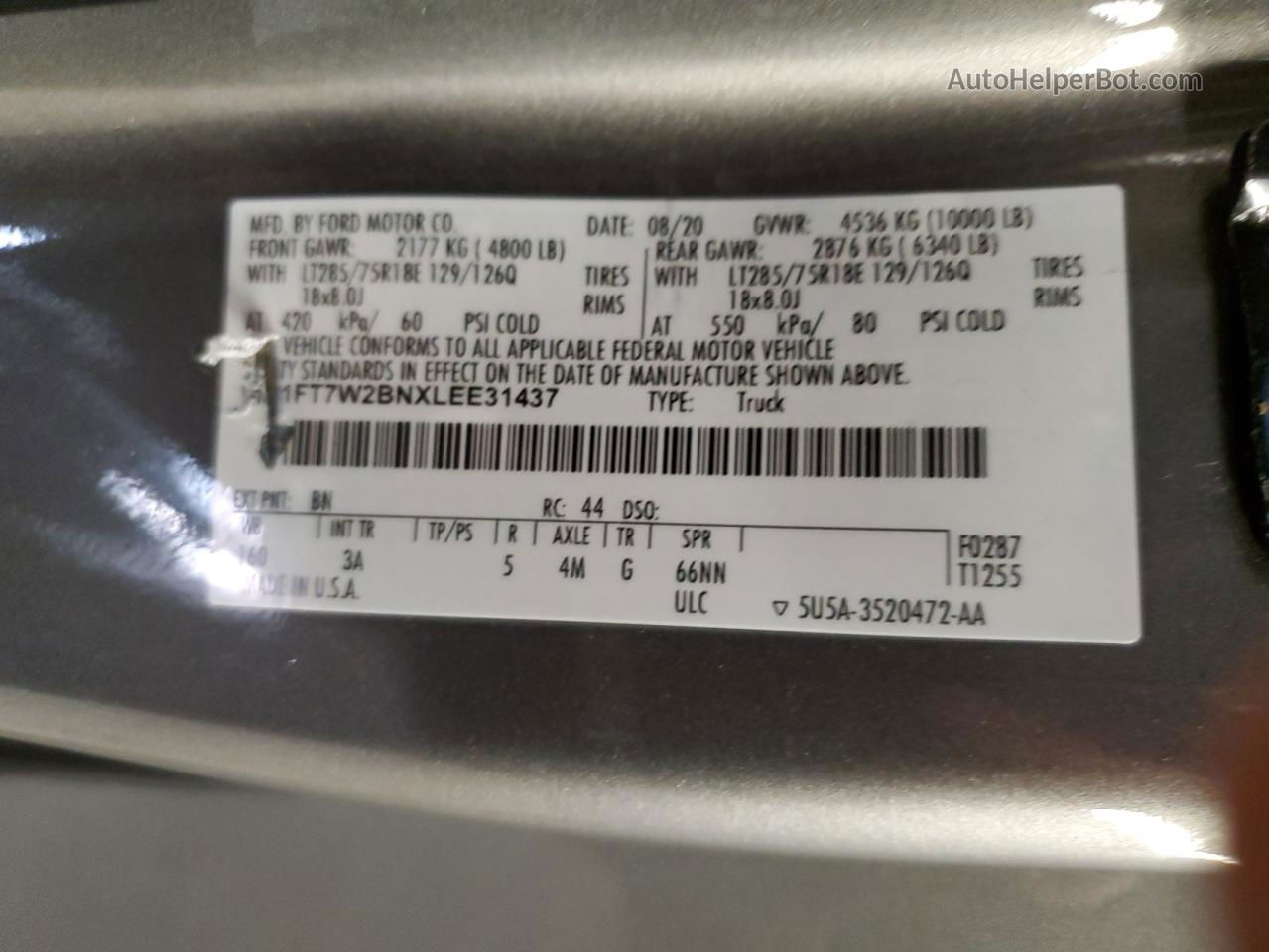 2020 Ford F250 Super Duty Silver vin: 1FT7W2BNXLEE31437