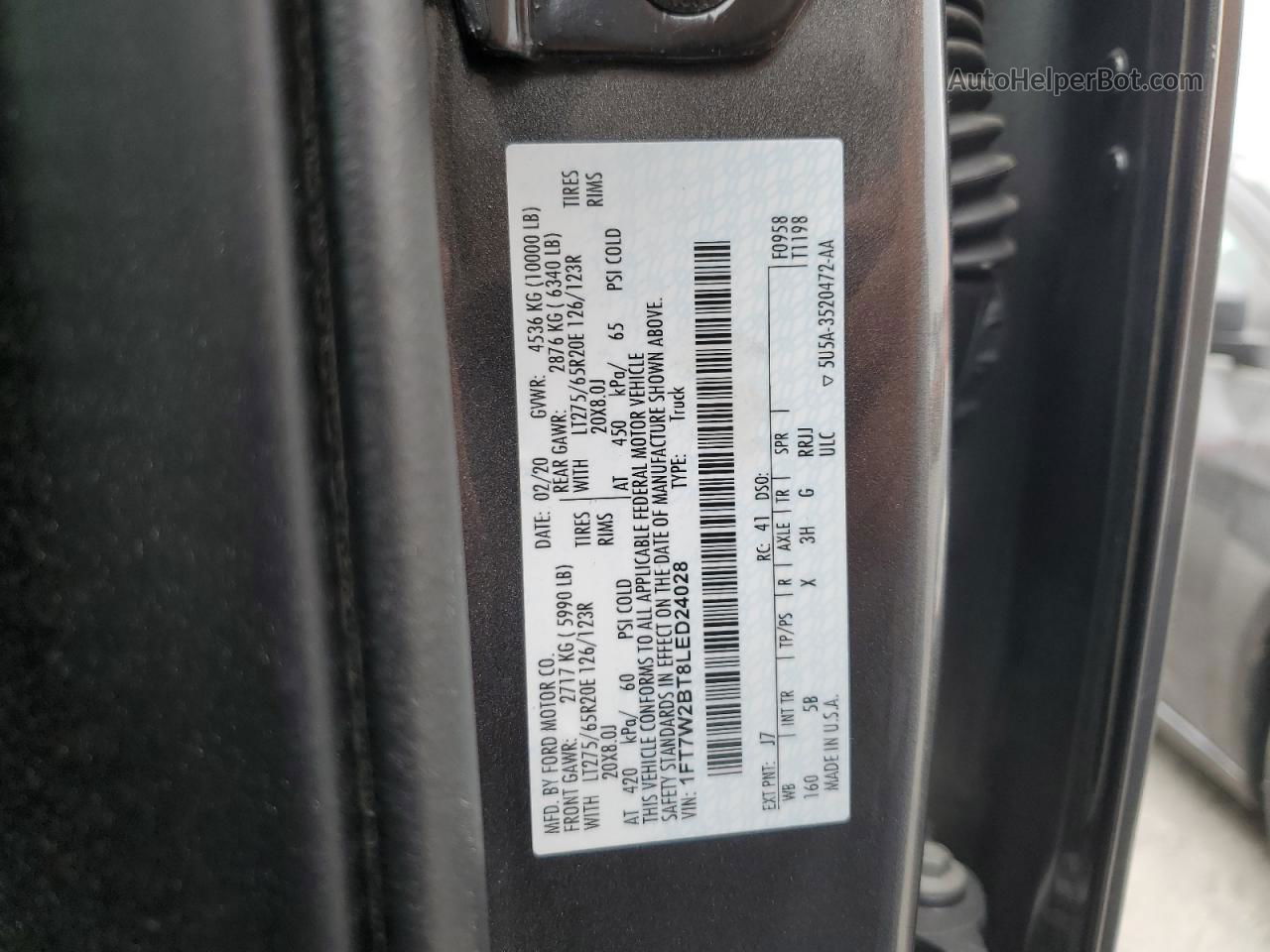 2020 Ford F250 Super Duty Серый vin: 1FT7W2BT8LED24028