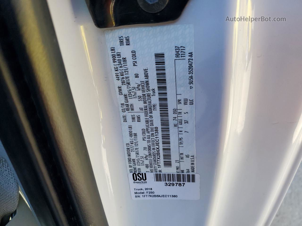 2018 Ford F250 Super Duty White vin: 1FT7X2B6XJEC11380