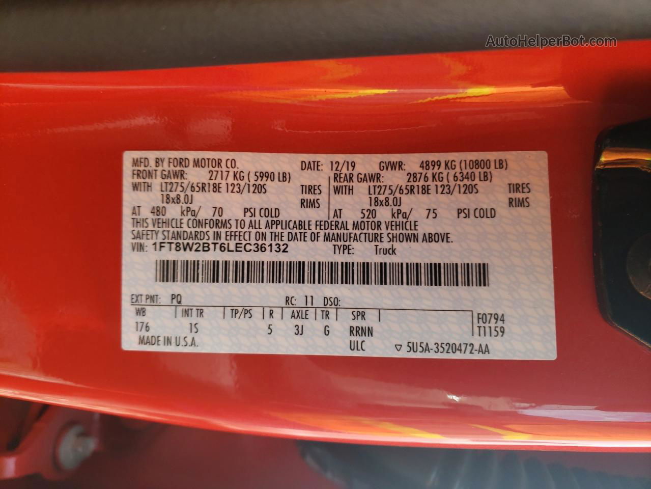 2020 Ford F250 Super Duty Red vin: 1FT8W2BT6LEC36132