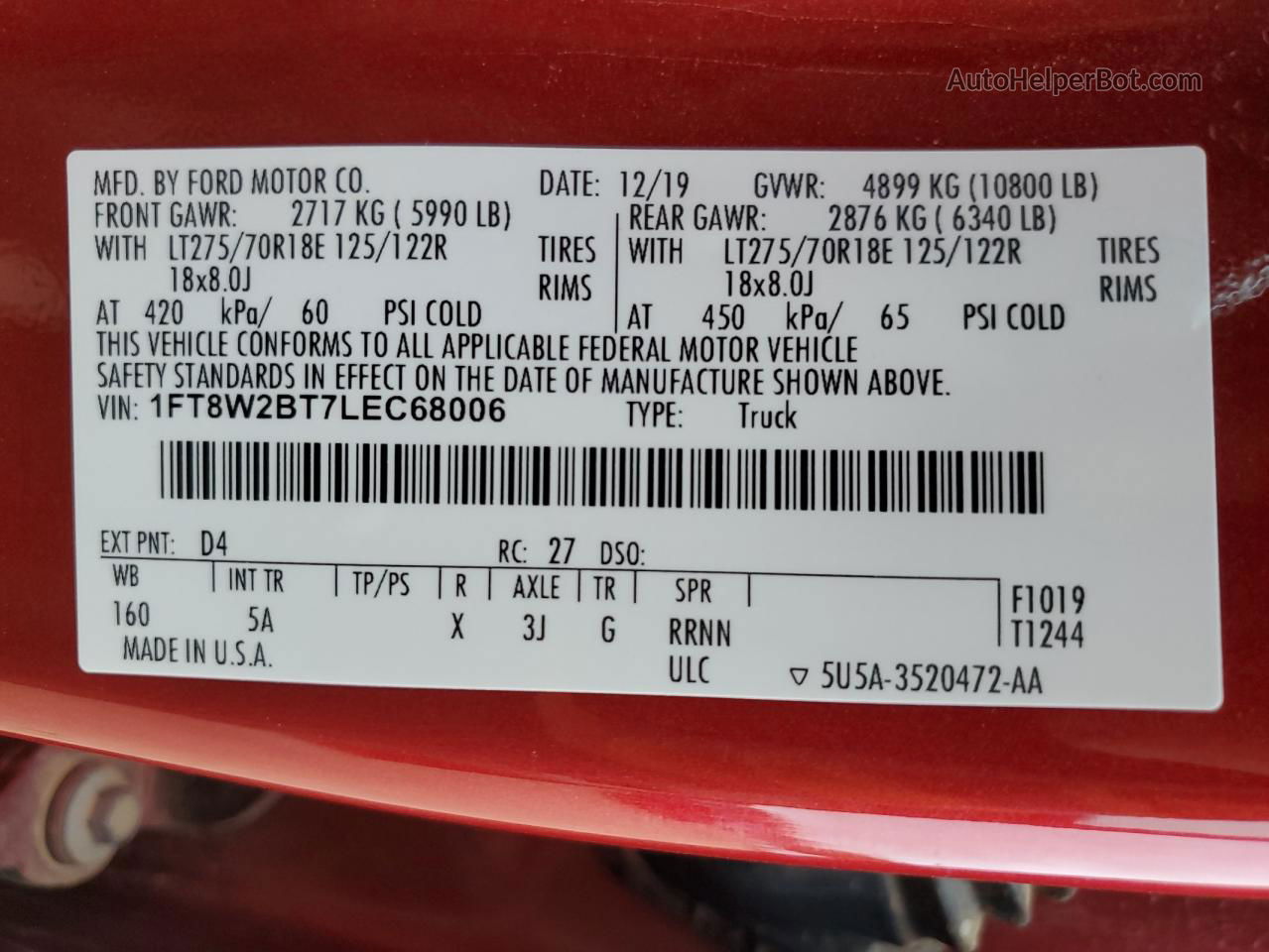 2020 Ford F250 Super Duty Red vin: 1FT8W2BT7LEC68006