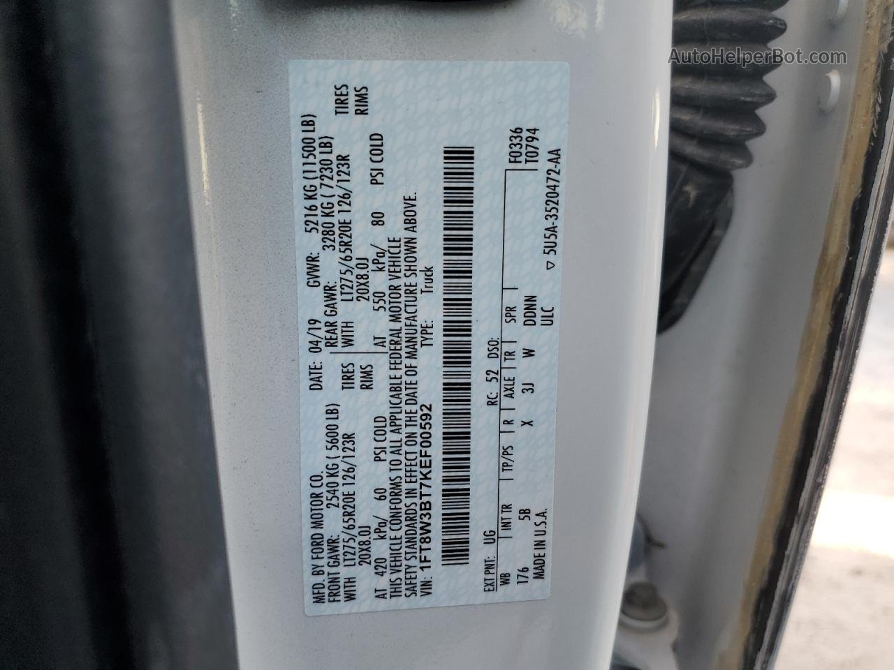 2019 Ford F350 Super Duty White vin: 1FT8W3BT7KEF00592