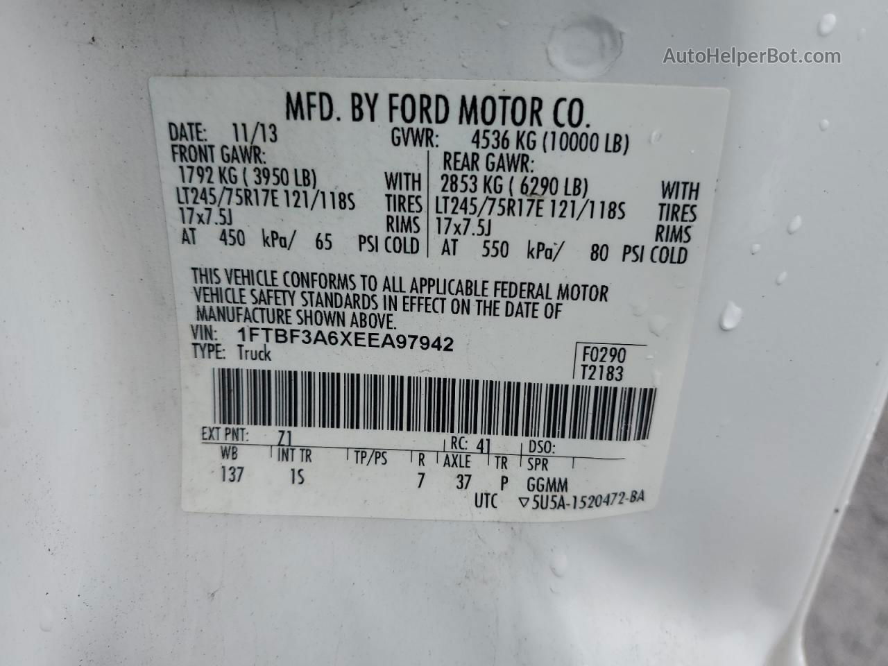 2014 Ford F350 Super Duty Белый vin: 1FTBF3A6XEEA97942