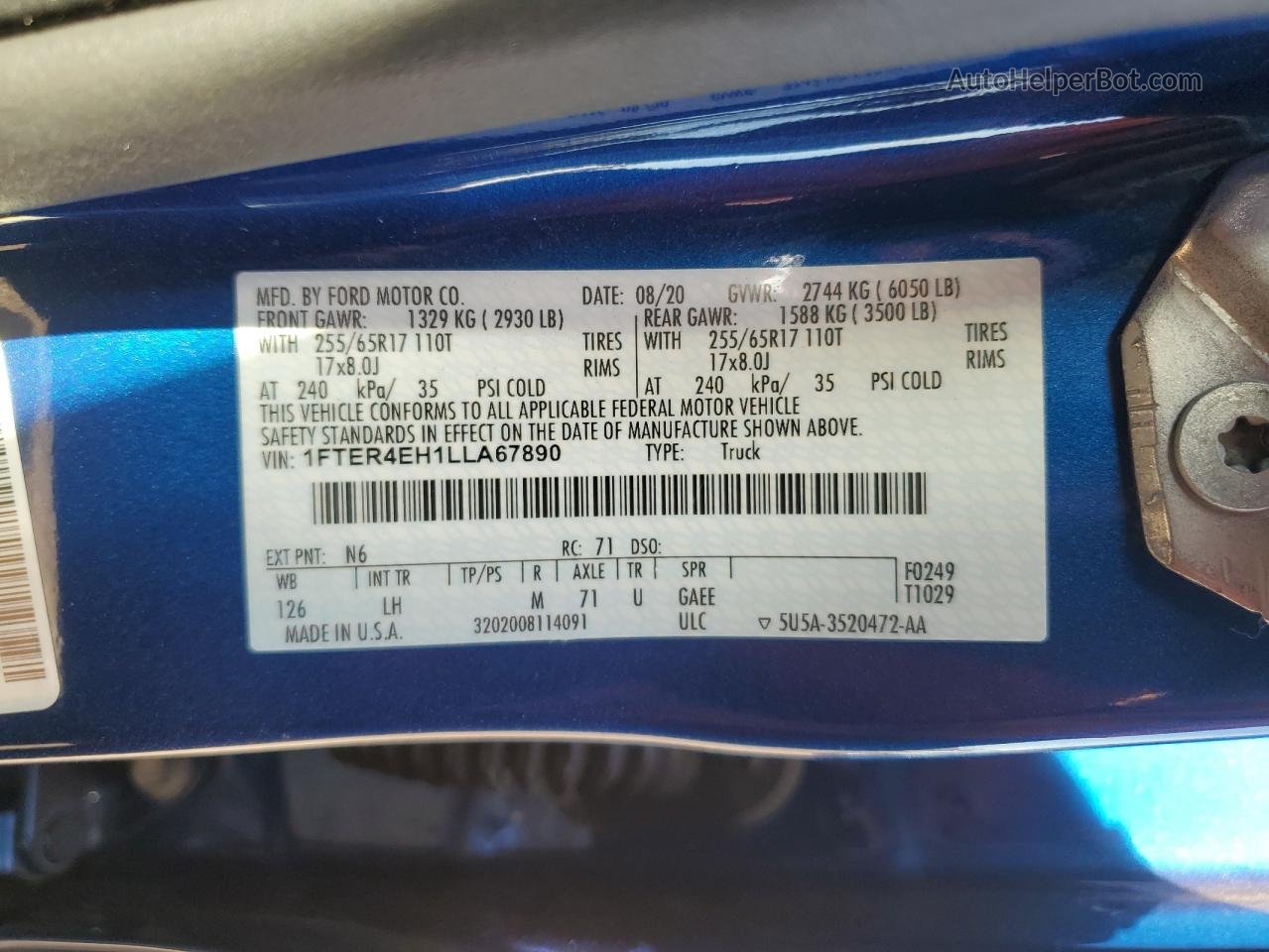 2020 Ford Ranger Xl Blue vin: 1FTER4EH1LLA67890