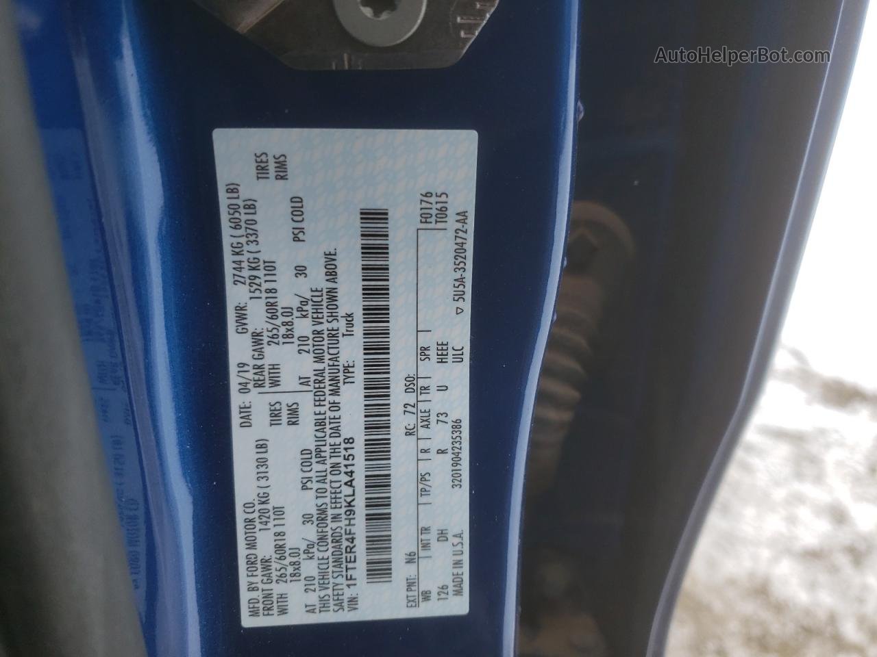 2019 Ford Ranger Xl Blue vin: 1FTER4FH9KLA41518