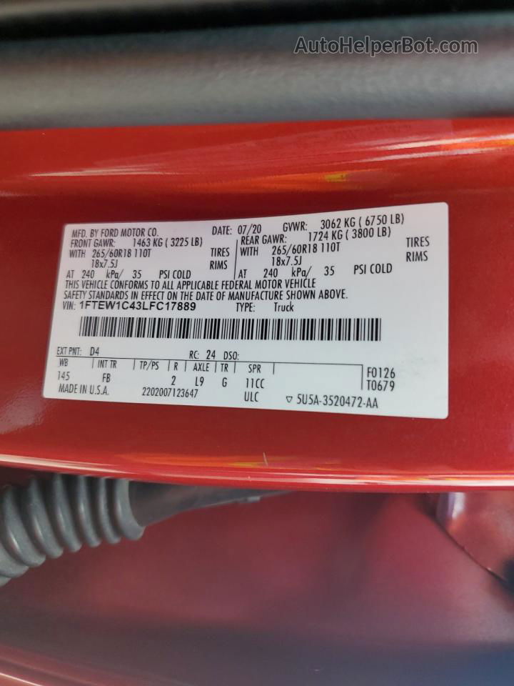 2020 Ford F150 Supercrew Red vin: 1FTEW1C43LFC17889