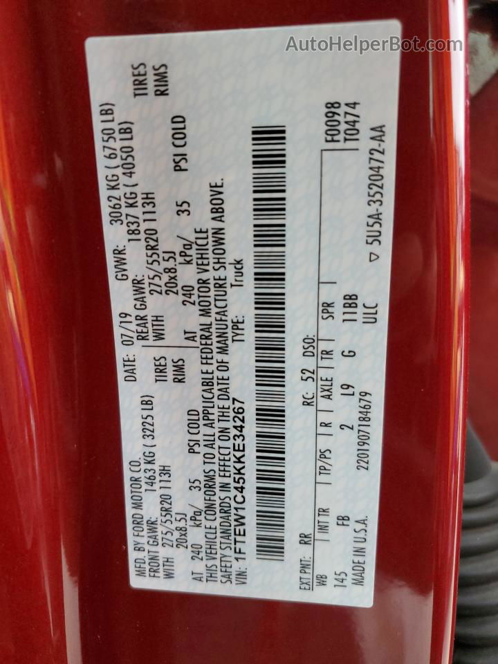 2019 Ford F150 Supercrew Красный vin: 1FTEW1C45KKE34267