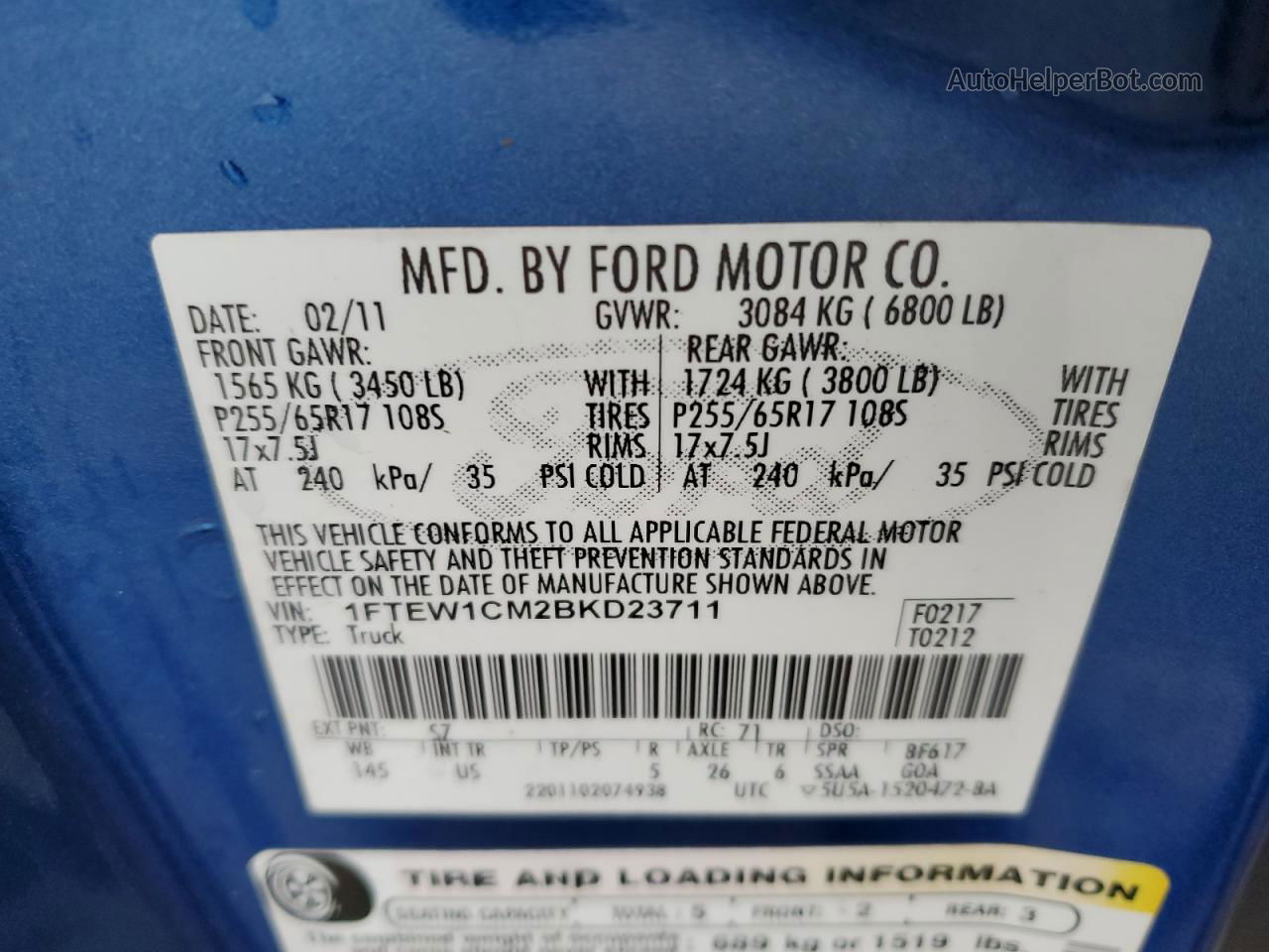 2011 Ford F150 Supercrew Blue vin: 1FTEW1CM2BKD23711