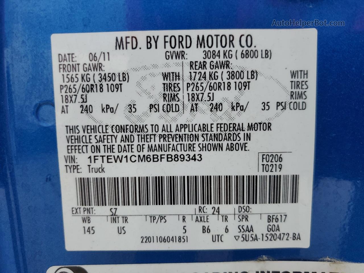 2011 Ford F150 Supercrew Blue vin: 1FTEW1CM6BFB89343