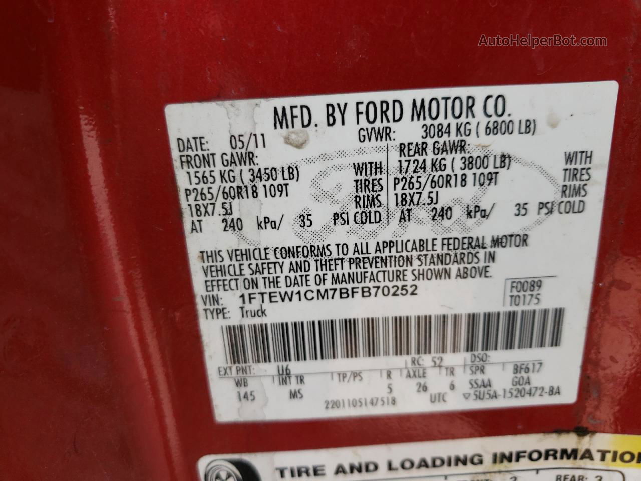 2011 Ford F150 Supercrew Red vin: 1FTEW1CM7BFB70252