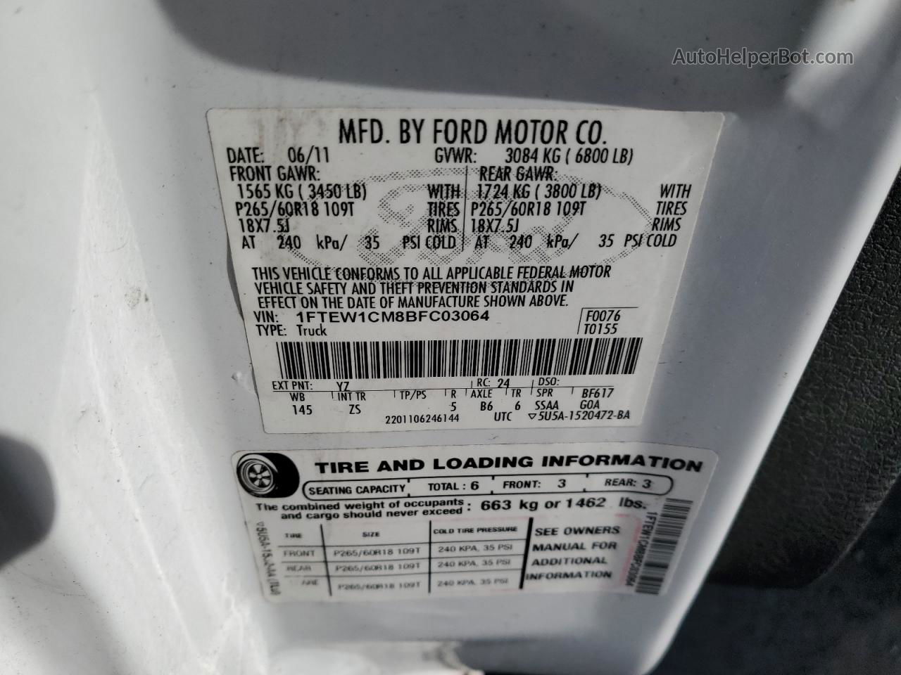 2011 Ford F150 Supercrew White vin: 1FTEW1CM8BFC03064