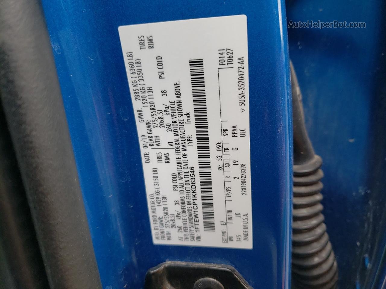 2019 Ford F150 Supercrew Синий vin: 1FTEW1CP1KKD63546