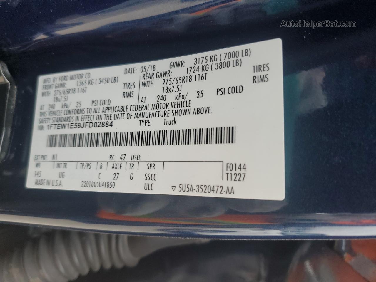 2018 Ford F150 Supercrew Blue vin: 1FTEW1E59JFD02884