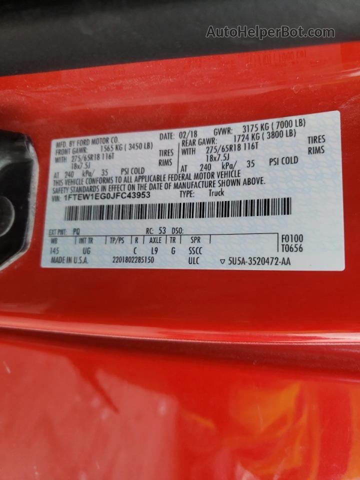 2018 Ford F150 Supercrew Red vin: 1FTEW1EG0JFC43953