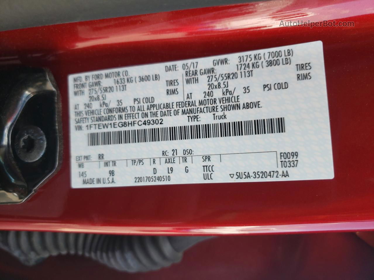 2017 Ford F150 Supercrew Красный vin: 1FTEW1EG8HFC49302