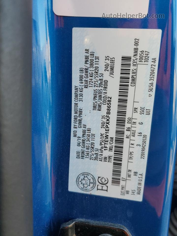 2019 Ford F150 Supercrew Синий vin: 1FTEW1EPXKFB86582