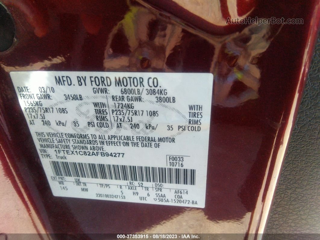 2010 Ford F-150 Xl/stx/xlt/fx2 Sport Red vin: 1FTEX1C82AFB94277