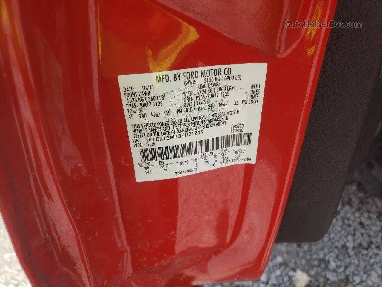 2011 Ford F150 Super Cab Красный vin: 1FTEX1EM3BFD21243