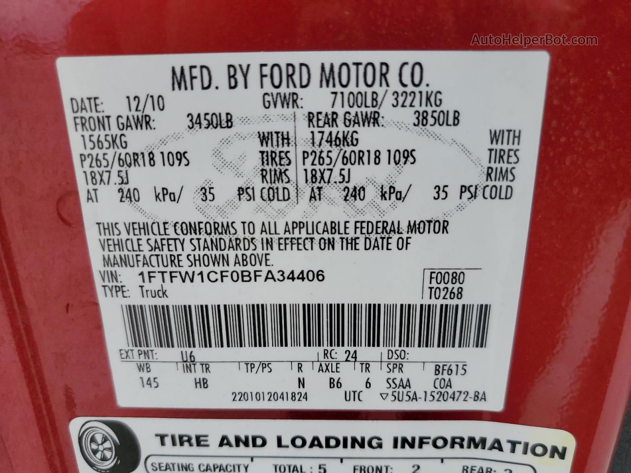 2011 Ford F150 Supercrew Red vin: 1FTFW1CF0BFA34406