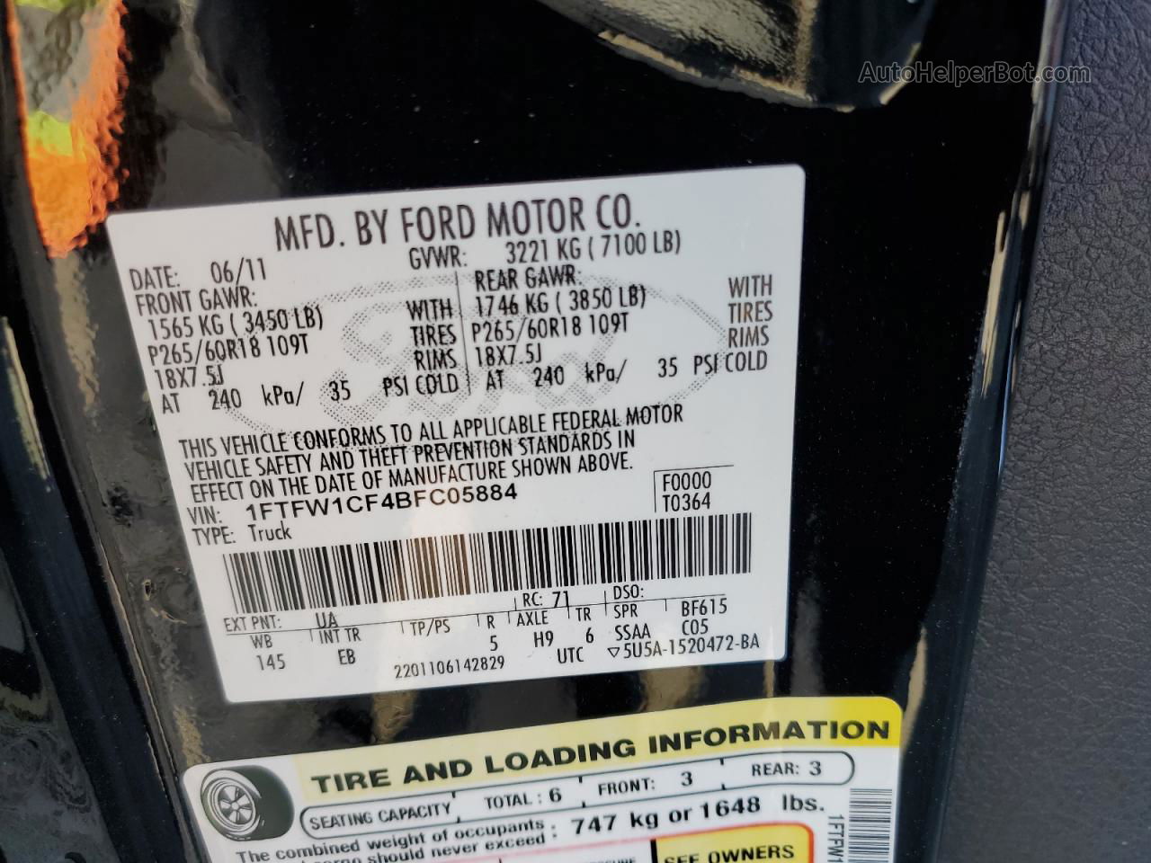 2011 Ford F150 Supercrew Black vin: 1FTFW1CF4BFC05884