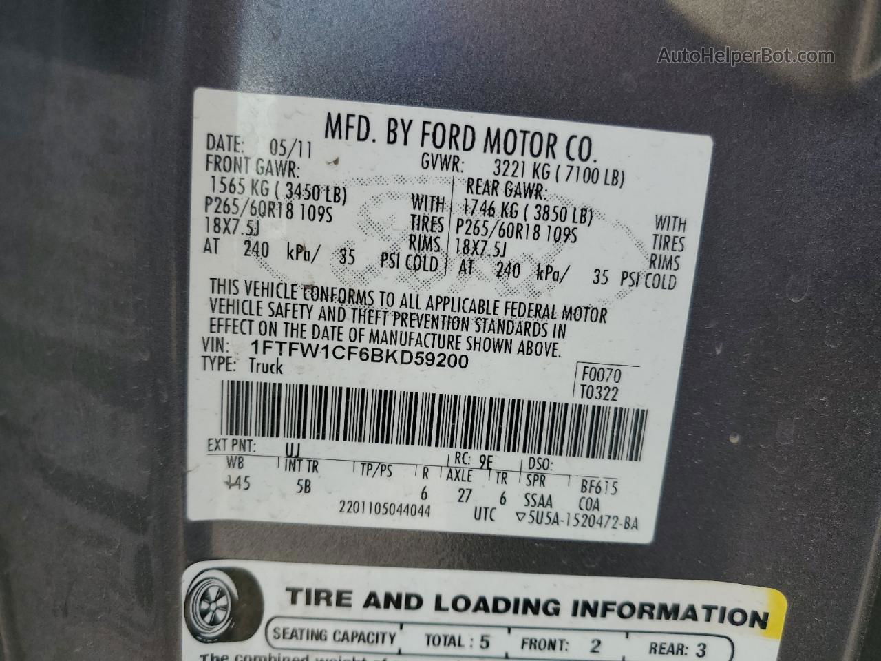 2011 Ford F150 Supercrew Charcoal vin: 1FTFW1CF6BKD59200