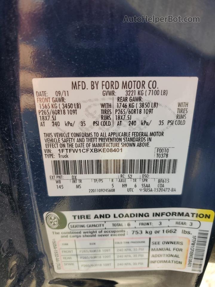 2011 Ford F150 Supercrew Blue vin: 1FTFW1CFXBKE08401