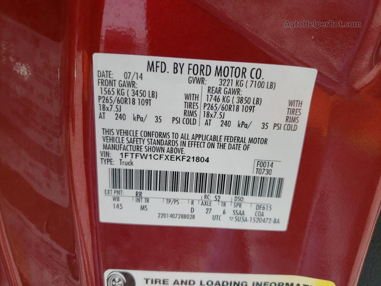 2014 Ford F150 Supercrew Red vin: 1FTFW1CFXEKF21804