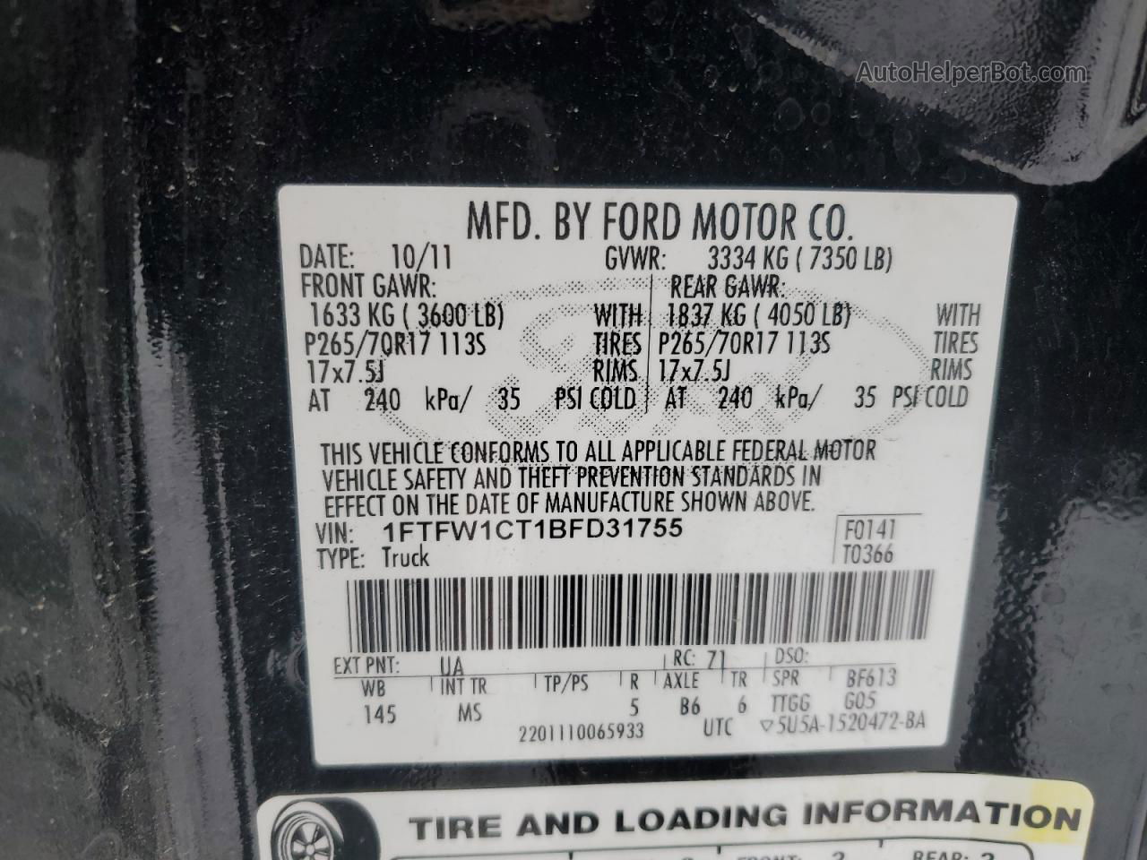 2011 Ford F150 Supercrew Black vin: 1FTFW1CT1BFD31755