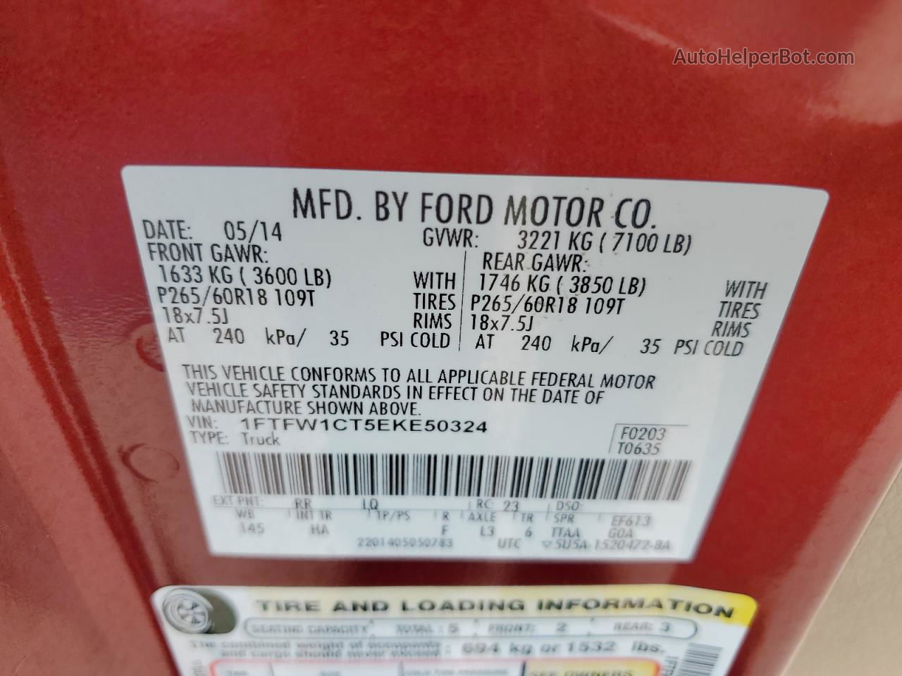 2014 Ford F150 Supercrew Red vin: 1FTFW1CT5EKE50324