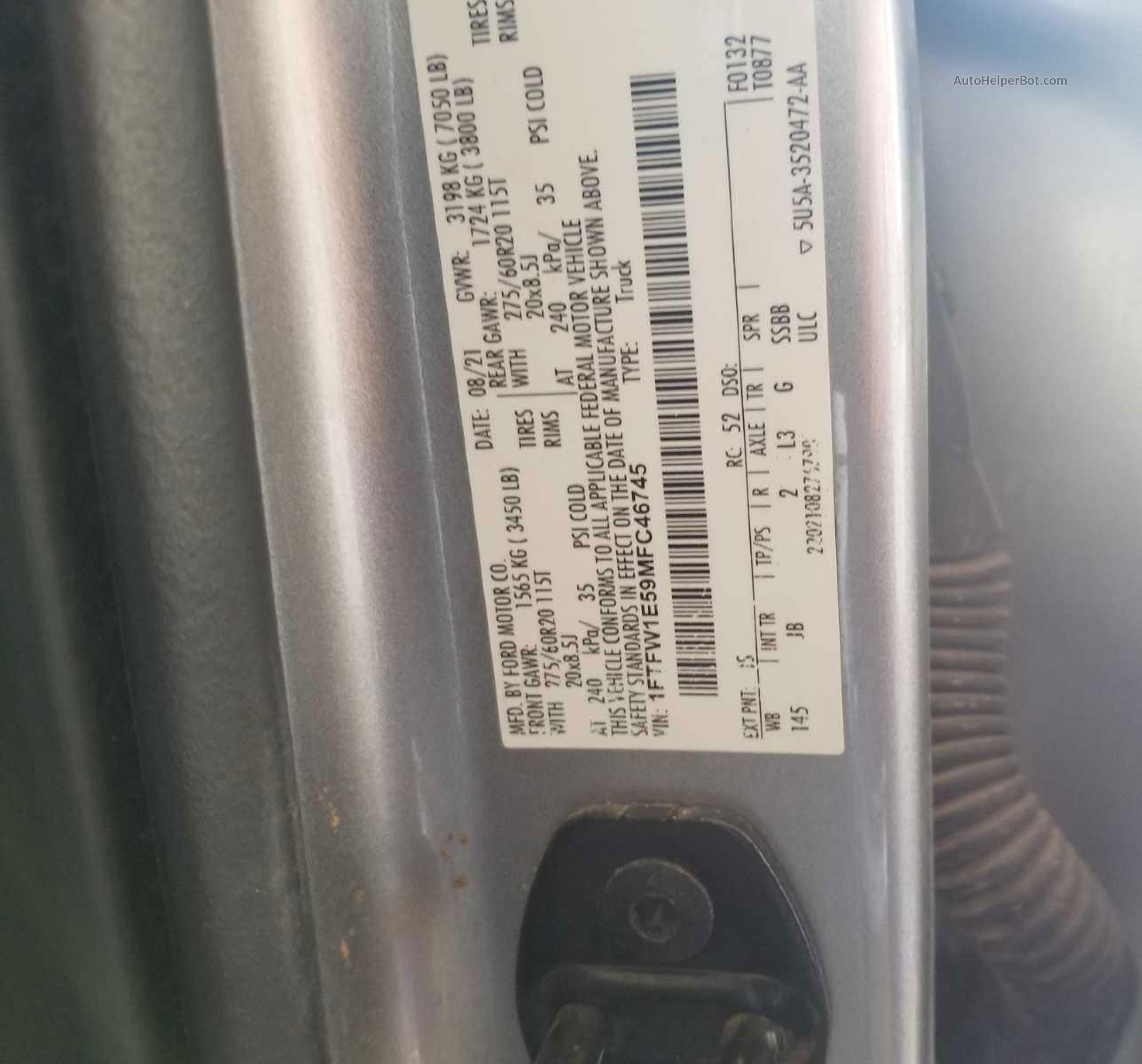 2021 Ford F150 Supercrew vin: 1FTFW1E59MFC46745