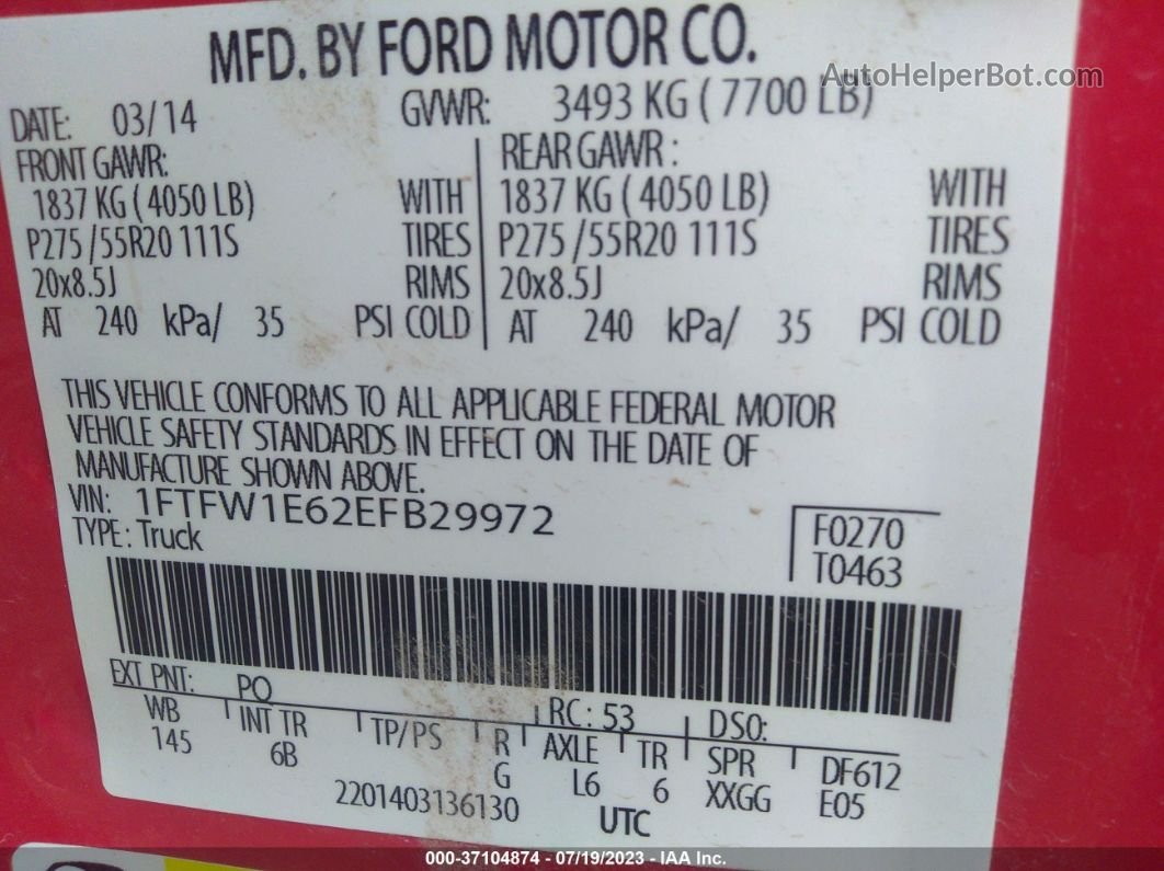 2014 Ford F-150 Xlt/fx4/lariat/platinum Red vin: 1FTFW1E62EFB29972