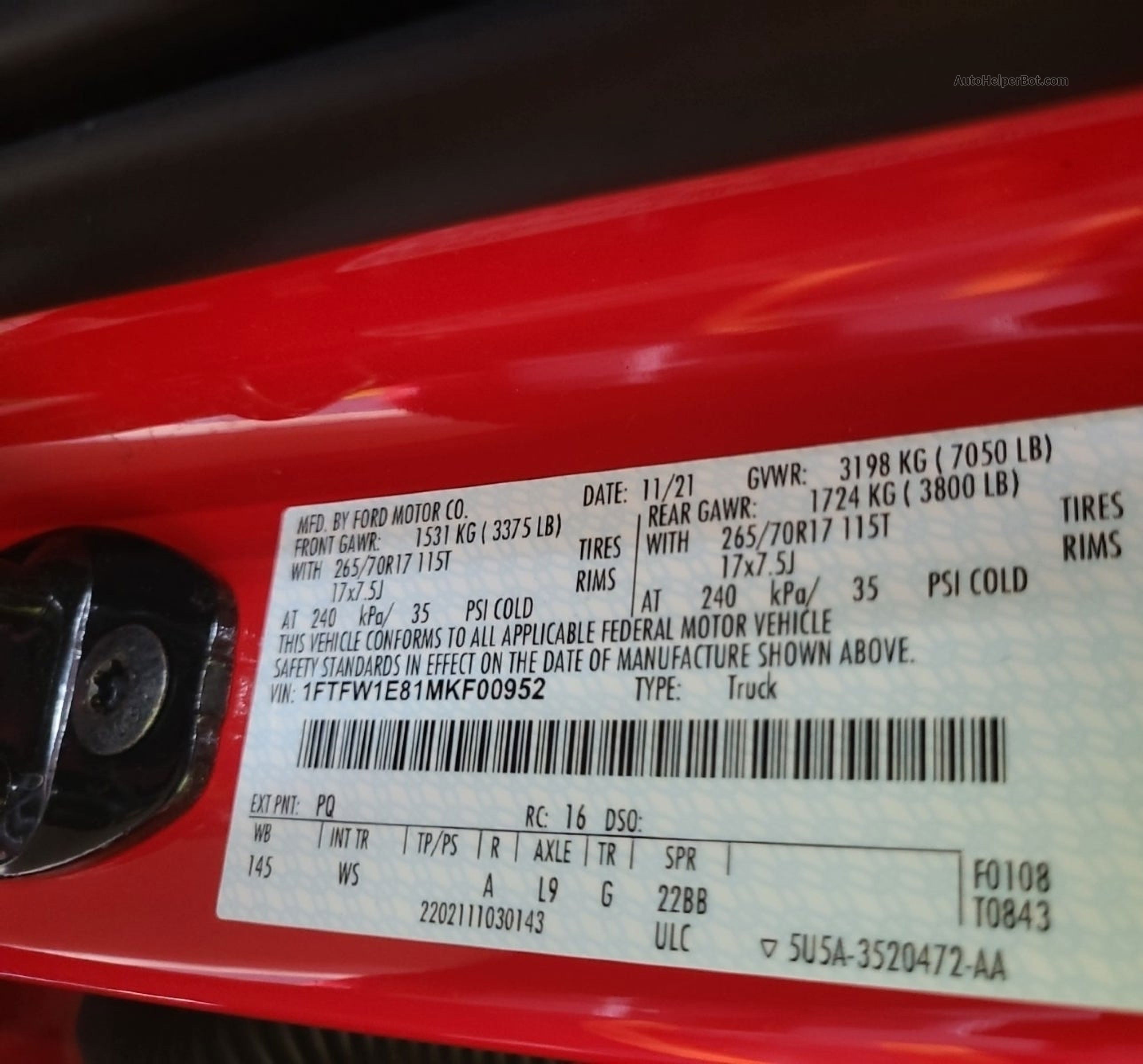 2021 Ford F150 Supercrew vin: 1FTFW1E81MKF00952