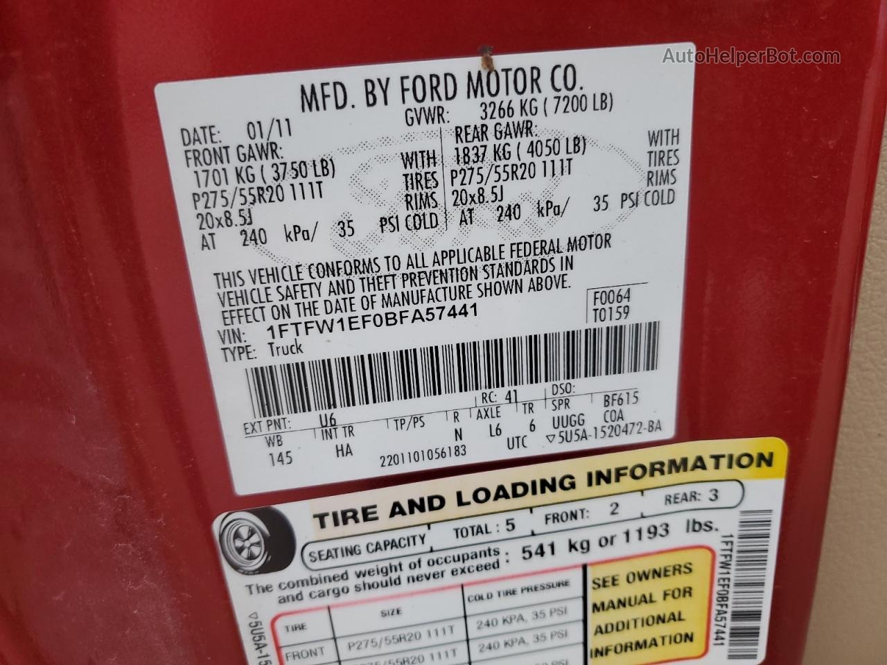 2011 Ford F150 Supercrew Red vin: 1FTFW1EF0BFA57441