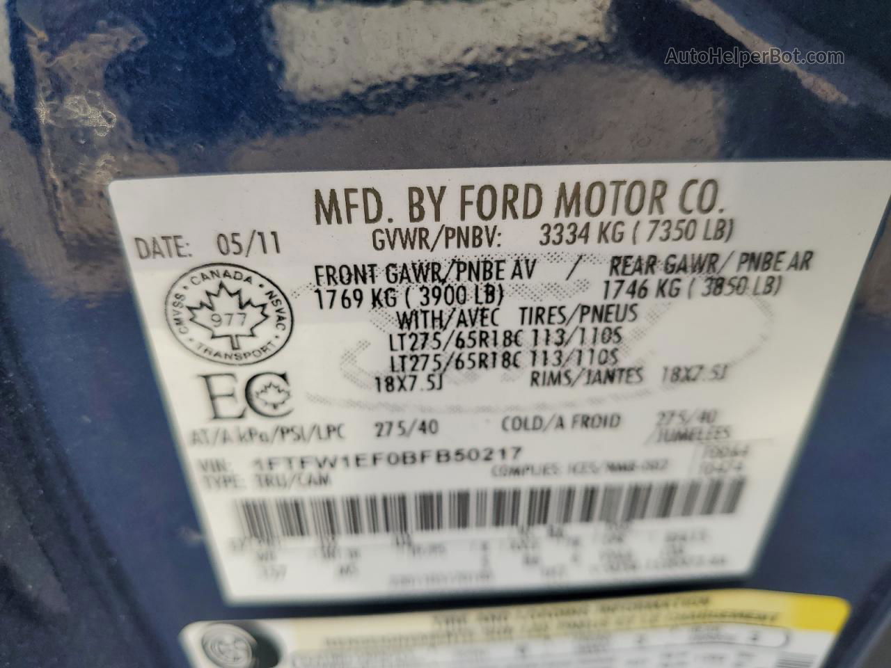 2011 Ford F150 Supercrew Blue vin: 1FTFW1EF0BFB50217