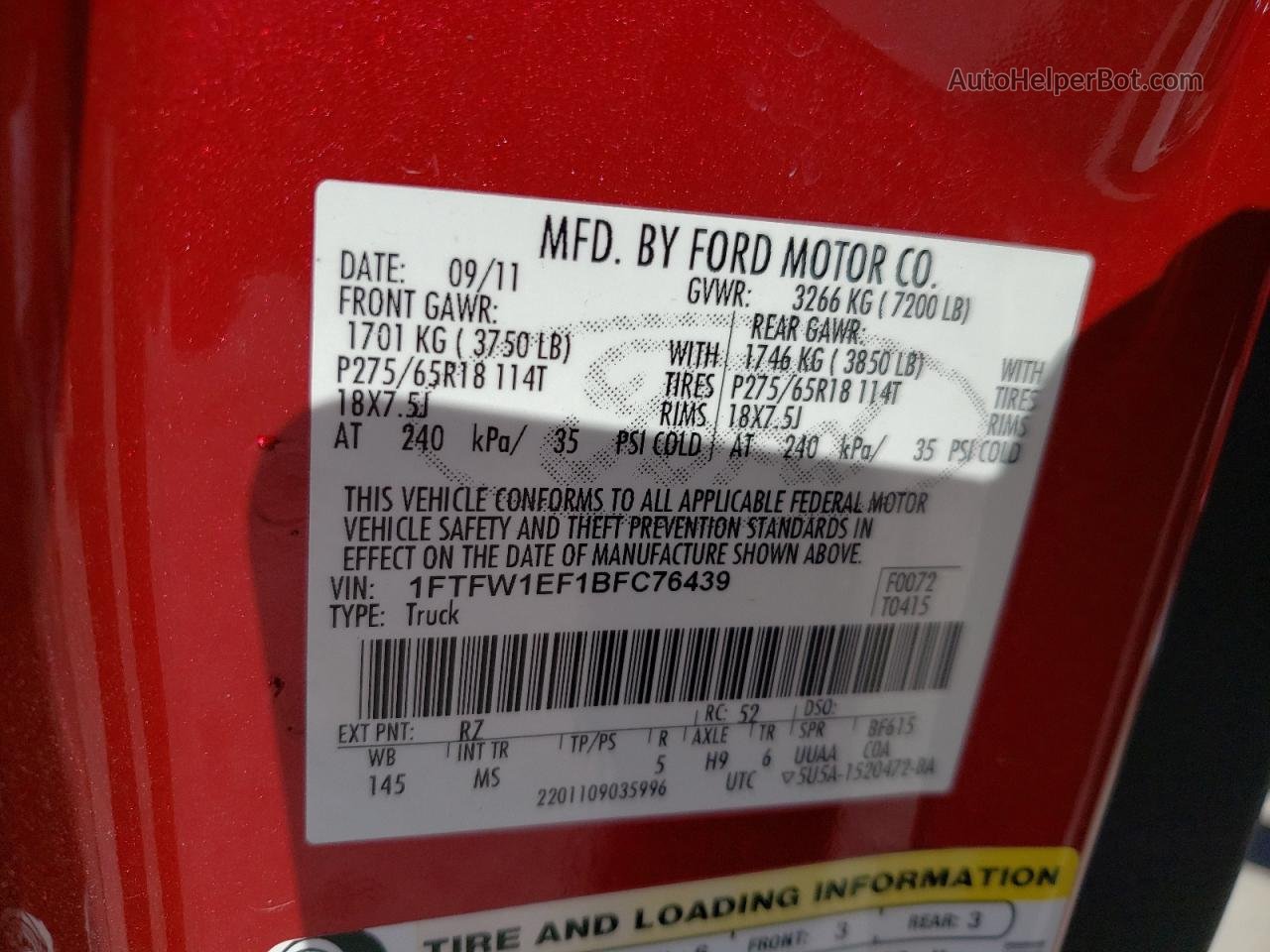 2011 Ford F150 Supercrew Красный vin: 1FTFW1EF1BFC76439
