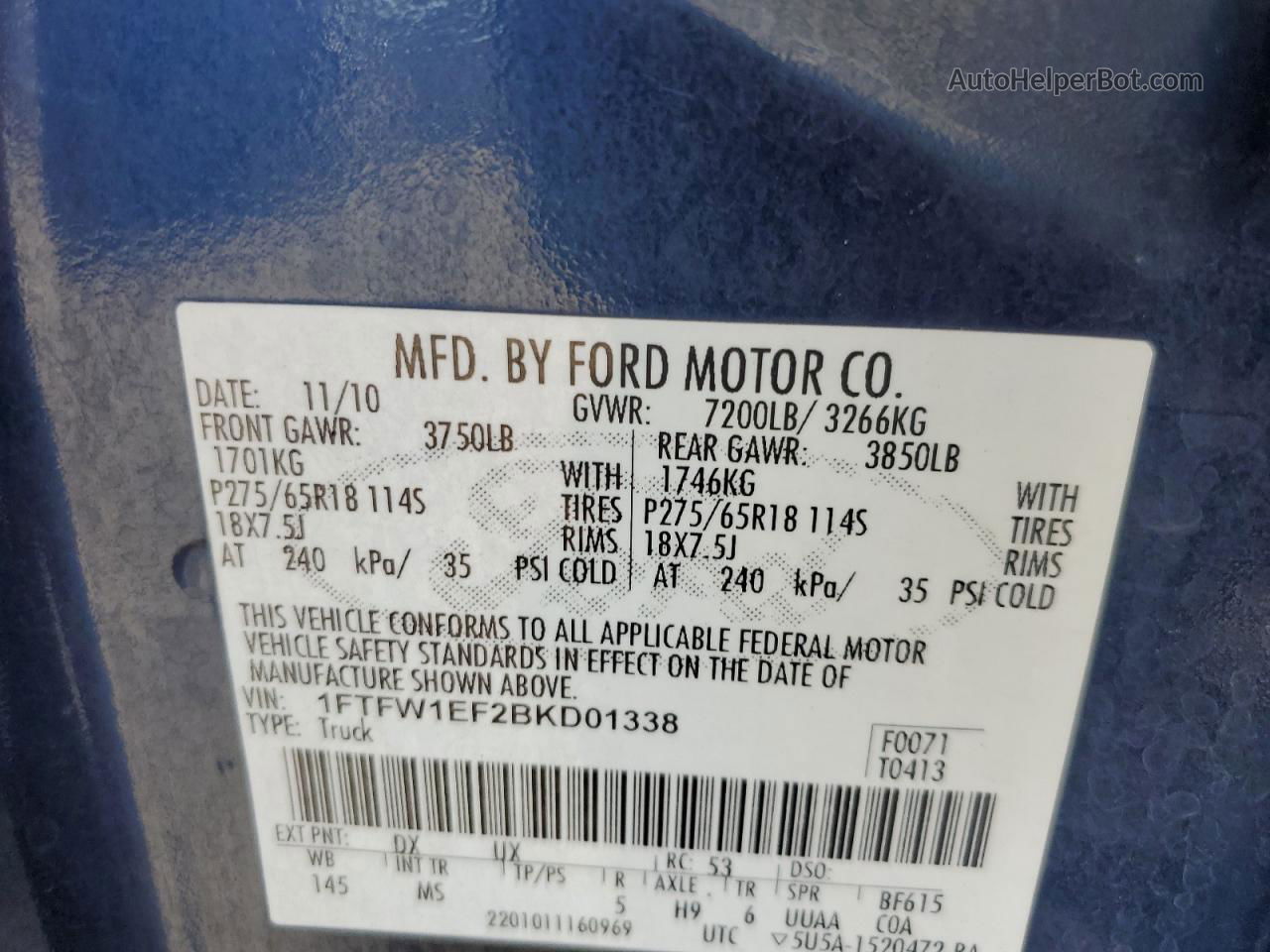 2011 Ford F150 Supercrew Blue vin: 1FTFW1EF2BKD01338