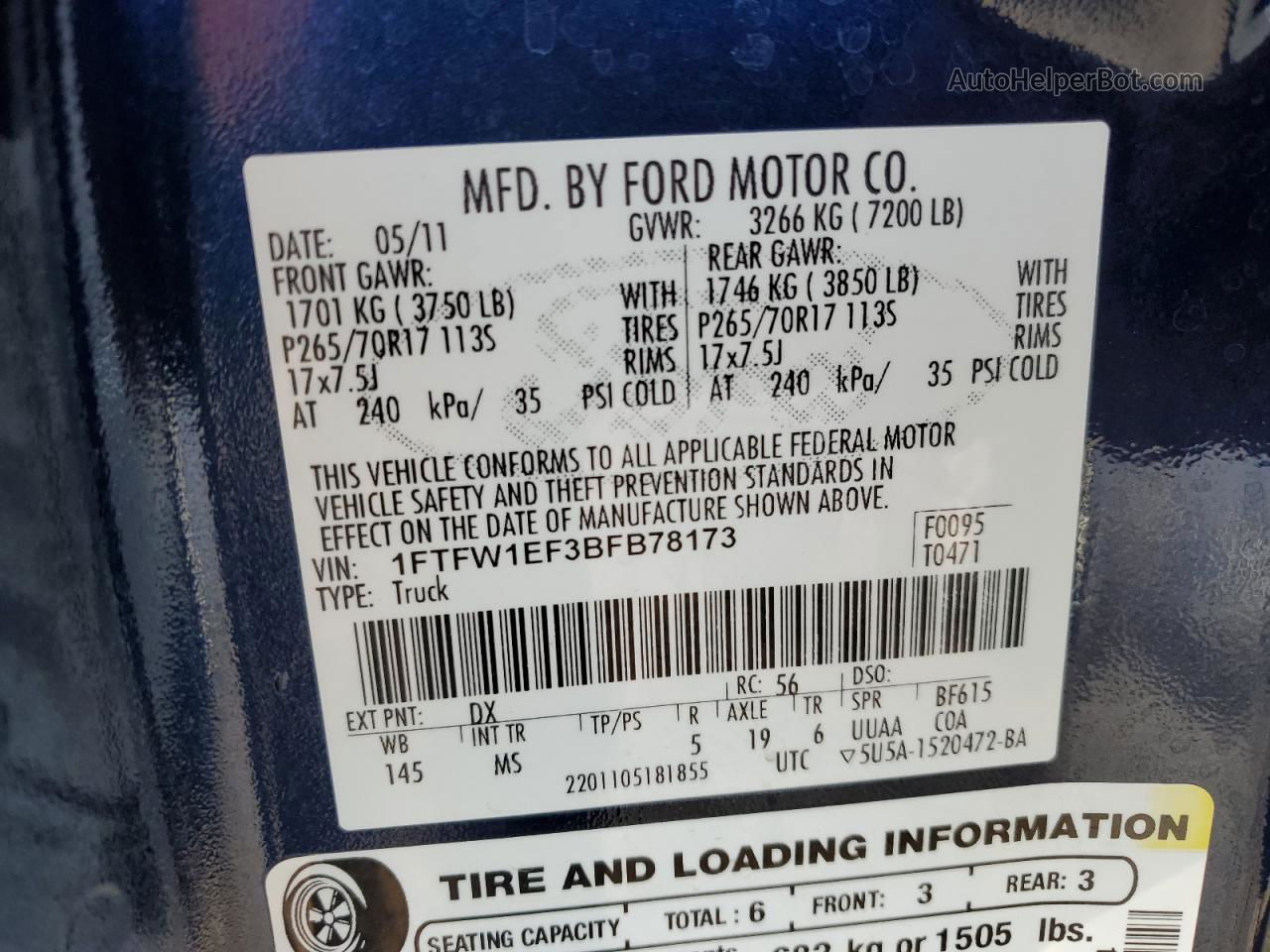 2011 Ford F150 Supercrew Blue vin: 1FTFW1EF3BFB78173