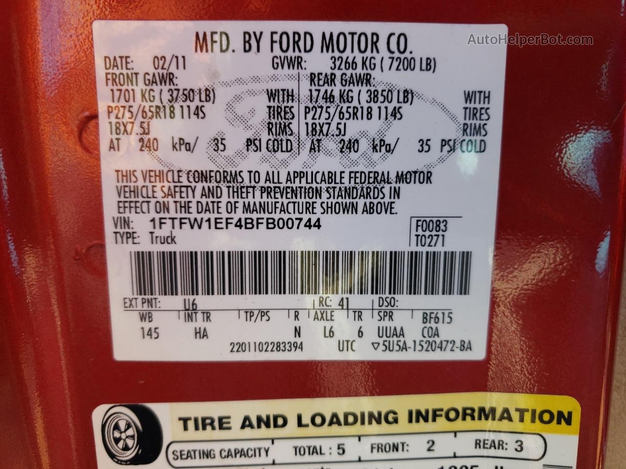 2011 Ford F150 Supercrew Red vin: 1FTFW1EF4BFB00744