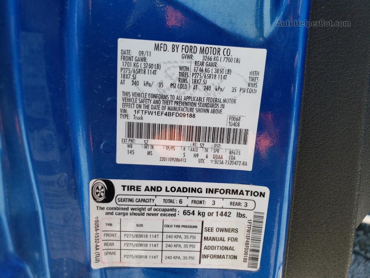 2011 Ford F150 Supercrew Синий vin: 1FTFW1EF4BFD09188