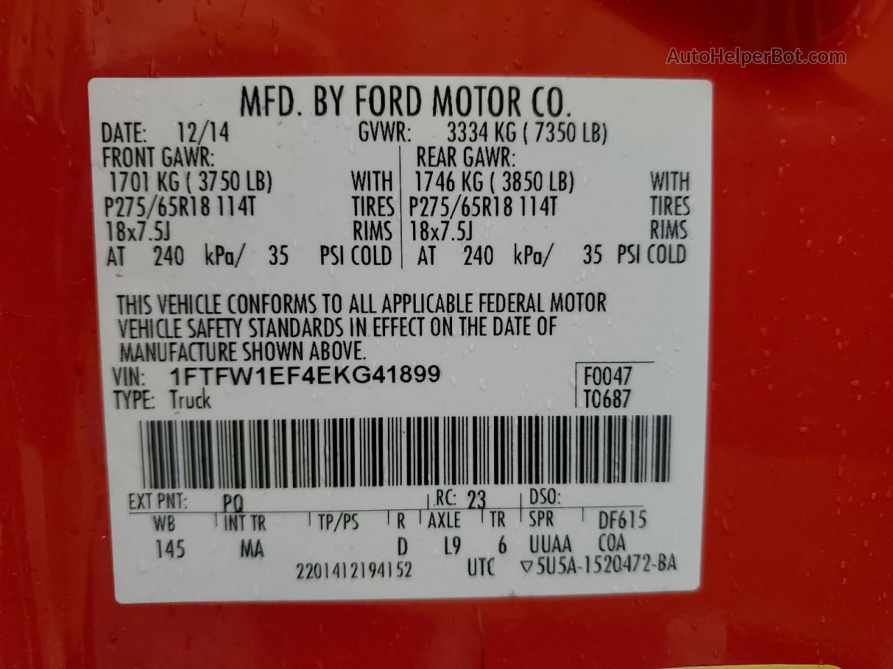 2014 Ford F150 Supercrew Red vin: 1FTFW1EF4EKG41899