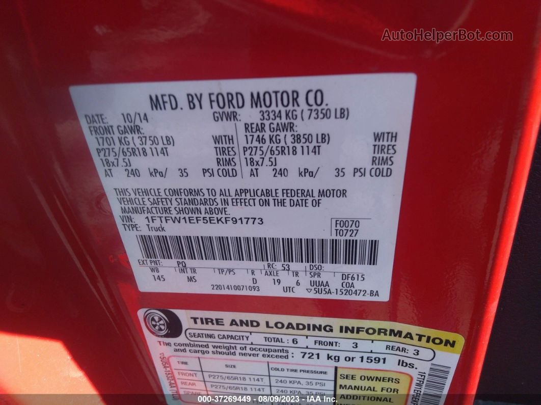 2014 Ford F-150 Xl/xlt/stx/fx4/lariat Red vin: 1FTFW1EF5EKF91773