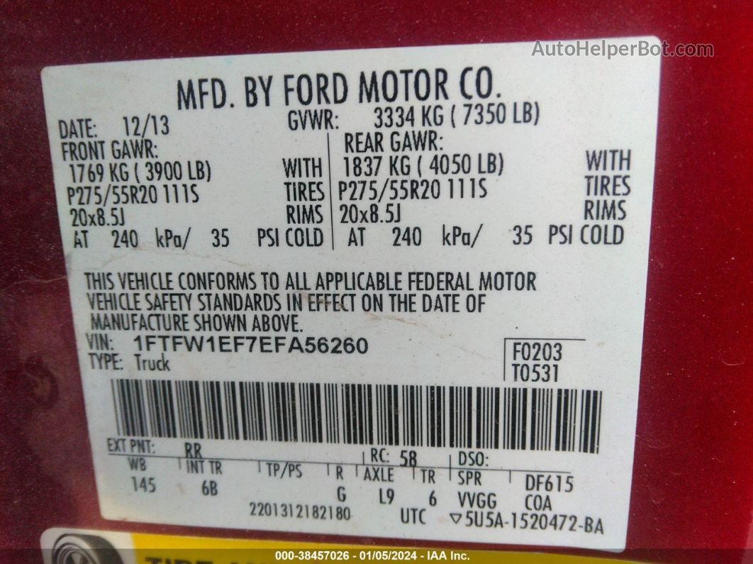 2014 Ford F-150 Fx4 Red vin: 1FTFW1EF7EFA56260